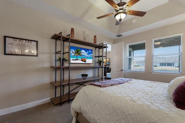 carpeted bedroom with ceiling fan