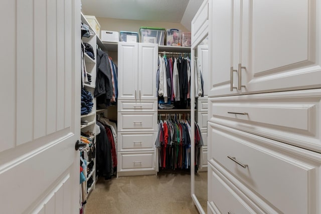 walk in closet with light colored carpet