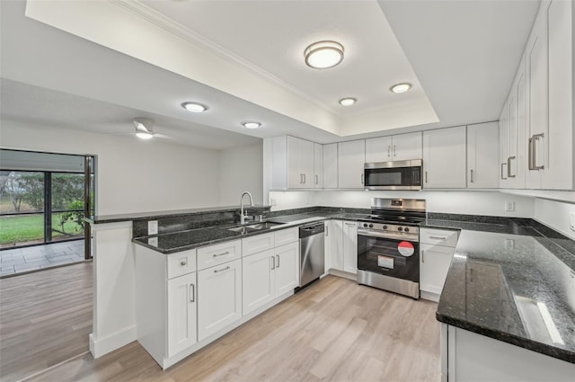 kitchen with stainless steel appliances, sink, white cabinets, and kitchen peninsula