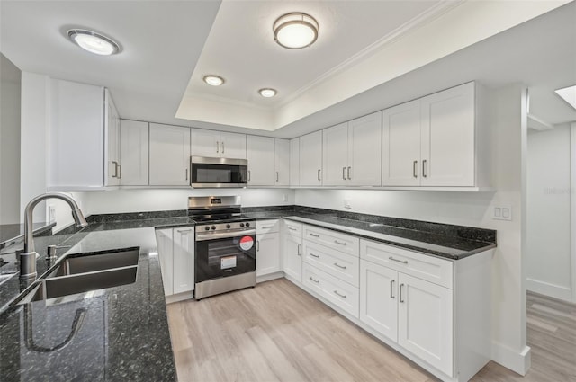 kitchen with sink, white cabinetry, dark stone counters, a raised ceiling, and stainless steel appliances