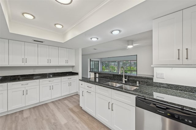 kitchen featuring sink, stainless steel dishwasher, a raised ceiling, and white cabinets