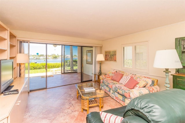 living room with plenty of natural light and a water view