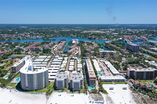 drone / aerial view with a water view