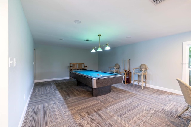 game room with billiards and carpet floors