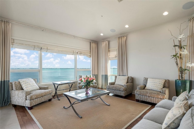 living room featuring hardwood / wood-style flooring and a water view