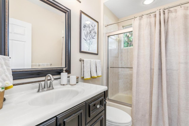 full bathroom with vanity, toilet, and shower / bathtub combination with curtain