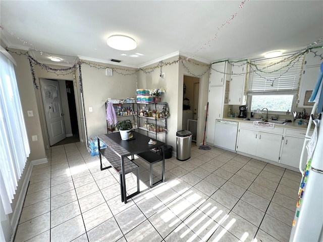 kitchen with white cabinetry, sink, crown molding, and white dishwasher