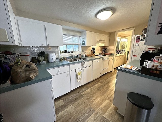 kitchen with sink, white cabinetry, tasteful backsplash, white appliances, and light hardwood / wood-style floors