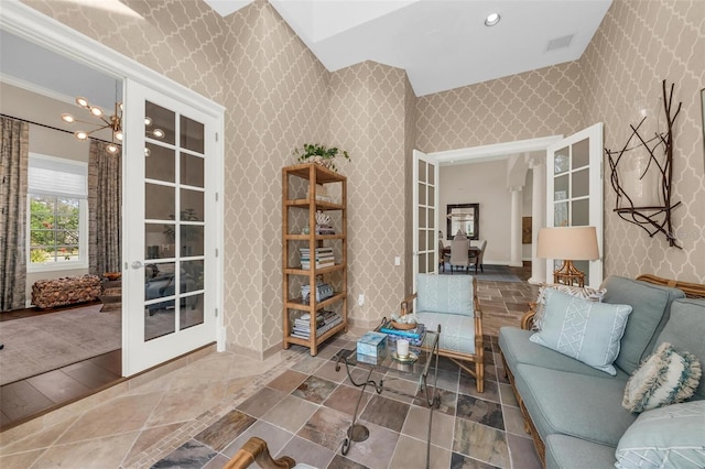 living room featuring french doors