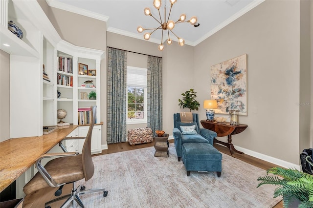 office area featuring hardwood / wood-style flooring, crown molding, and a notable chandelier