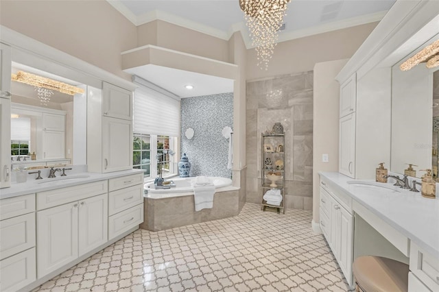 bathroom featuring vanity, crown molding, shower with separate bathtub, and a chandelier