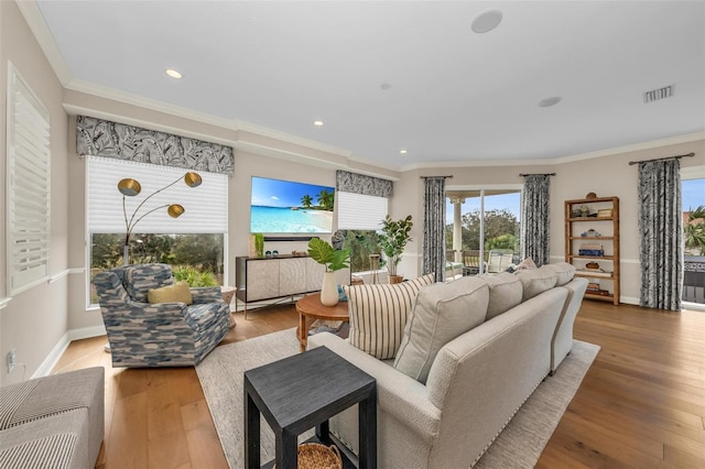 living room with ornamental molding and wood-type flooring