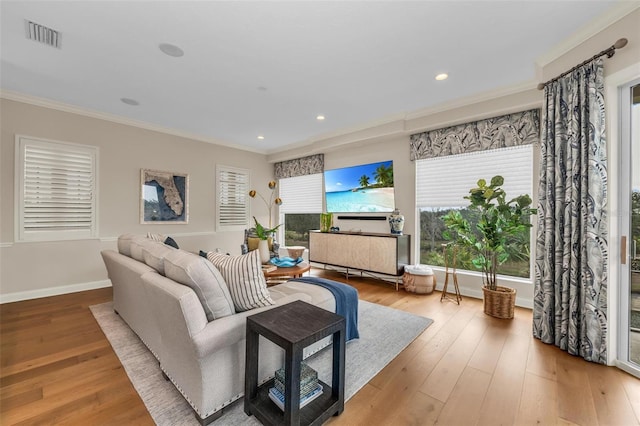 living room featuring ornamental molding and light wood-type flooring