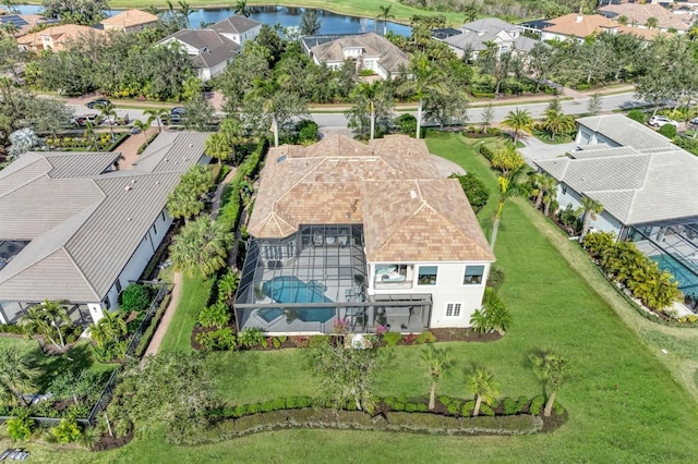 aerial view featuring a water view