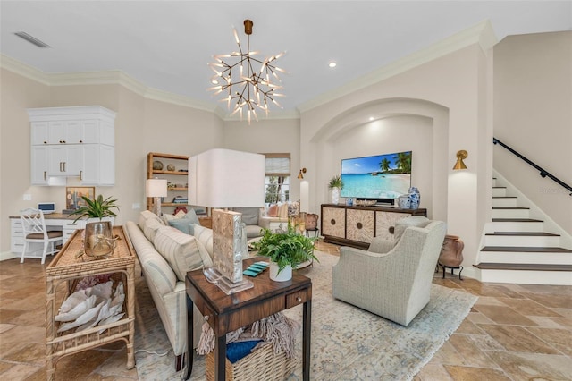 living room featuring a notable chandelier, visible vents, stairs, stone tile flooring, and crown molding