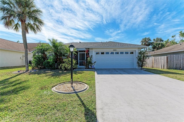 ranch-style home featuring a garage and a front lawn