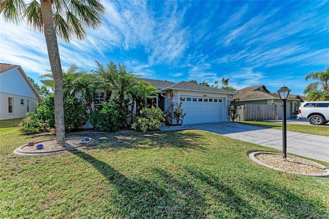 ranch-style home with a garage and a front yard