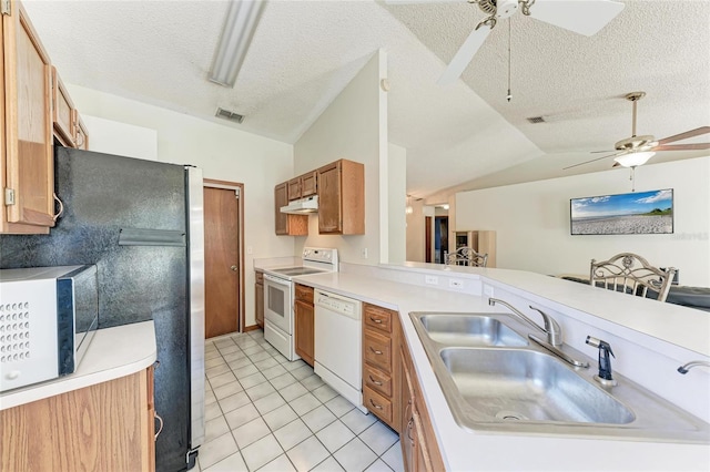 kitchen featuring sink, vaulted ceiling, ceiling fan, kitchen peninsula, and white appliances