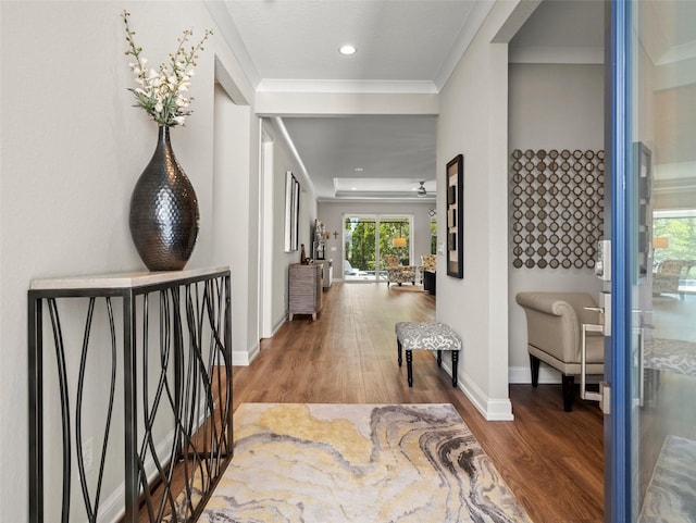 corridor with dark hardwood / wood-style flooring and crown molding