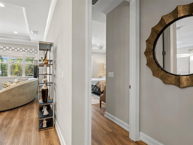 corridor with a tray ceiling and wood-type flooring