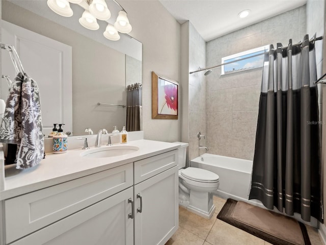 full bathroom with tile patterned floors, toilet, an inviting chandelier, vanity, and shower / bath combination with curtain