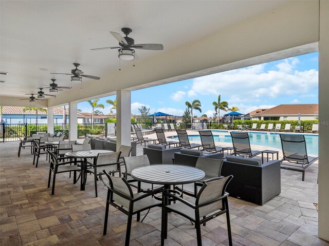 view of patio / terrace featuring a community pool and ceiling fan