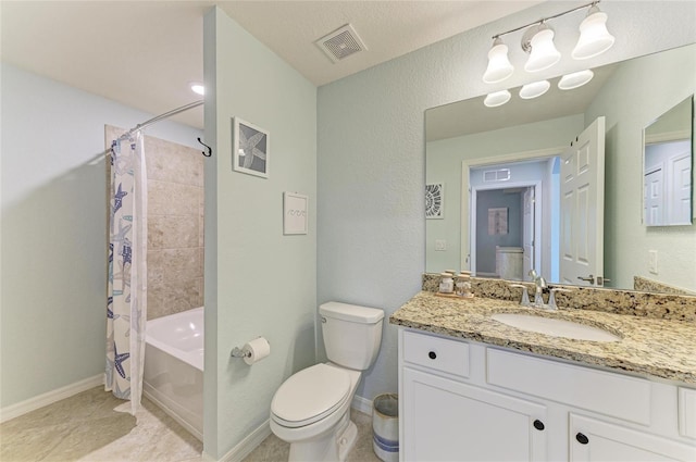 full bathroom with vanity, shower / tub combo with curtain, and toilet