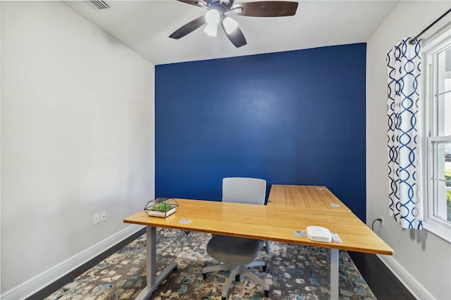 office area with wood-type flooring and ceiling fan