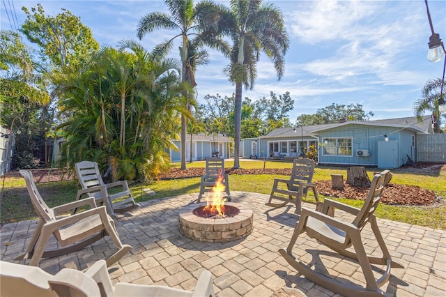 view of patio / terrace featuring a fire pit