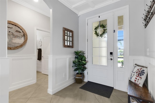 5035 Seafoam Trl, Bradenton, FL 34211 - entryway with a decorative wall, ornamental molding, light tile patterned flooring, and wainscoting