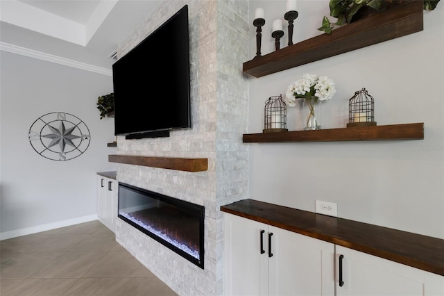 5035 Seafoam Trl, Bradenton, FL 34211 - detailed view of a fireplace, baseboards, and crown molding