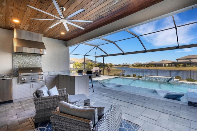 5035 Seafoam Trl, Bradenton, FL 34211 - view of pool featuring a ceiling fan, a lanai, a patio area, and a water view
