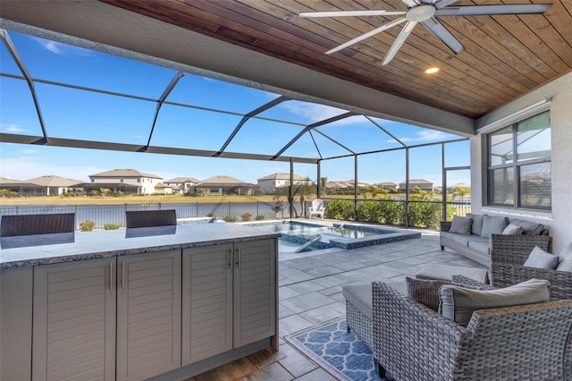 5035 Seafoam Trl, Bradenton, FL 34211 - view of patio / terrace featuring ceiling fan, a residential view, an outdoor pool, and a lanai