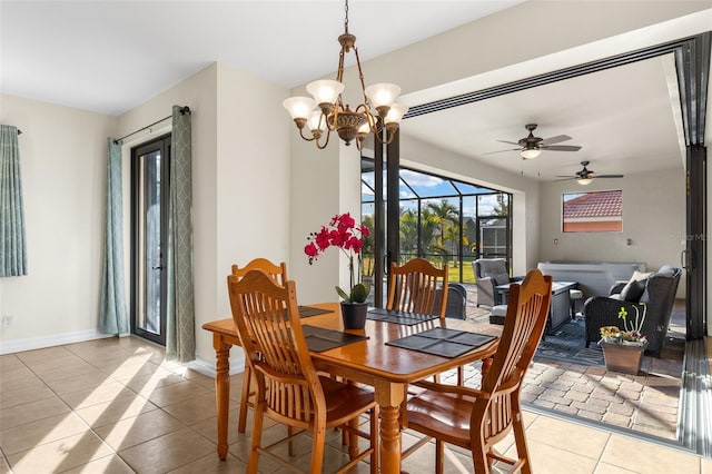 tiled dining area with a notable chandelier