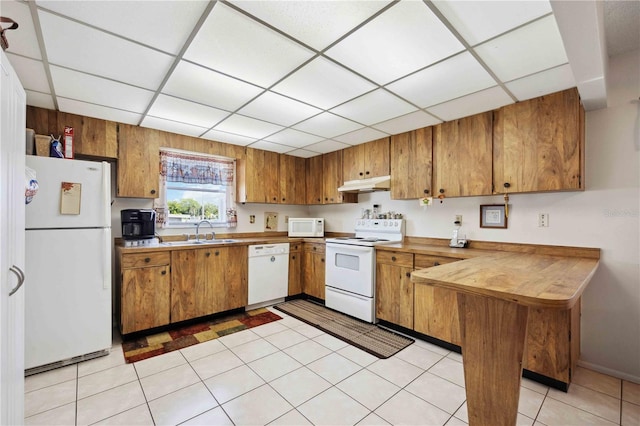 kitchen with a drop ceiling, sink, white appliances, and kitchen peninsula