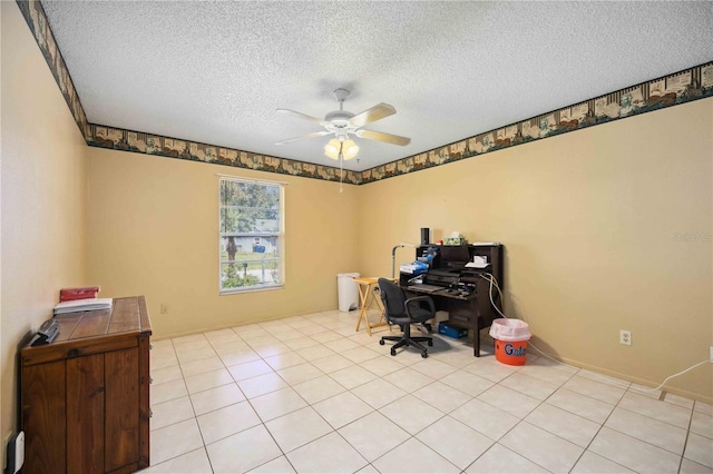 tiled office space with ceiling fan and a textured ceiling