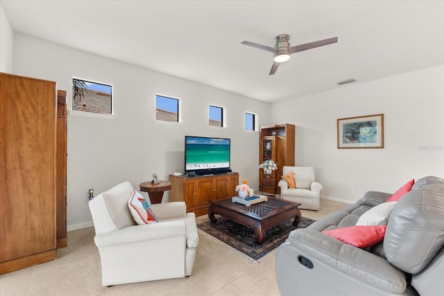 living room with ceiling fan