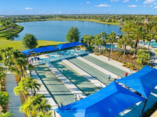 bird's eye view with a water view