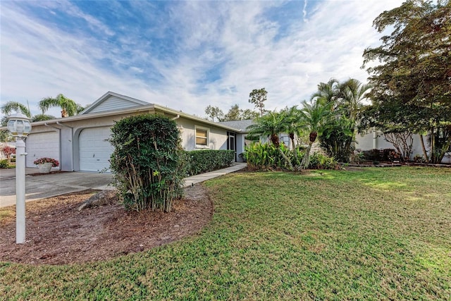 ranch-style home featuring an attached garage, driveway, a front yard, and stucco siding