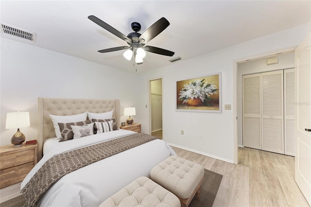 bedroom featuring ceiling fan, light hardwood / wood-style floors, and a closet