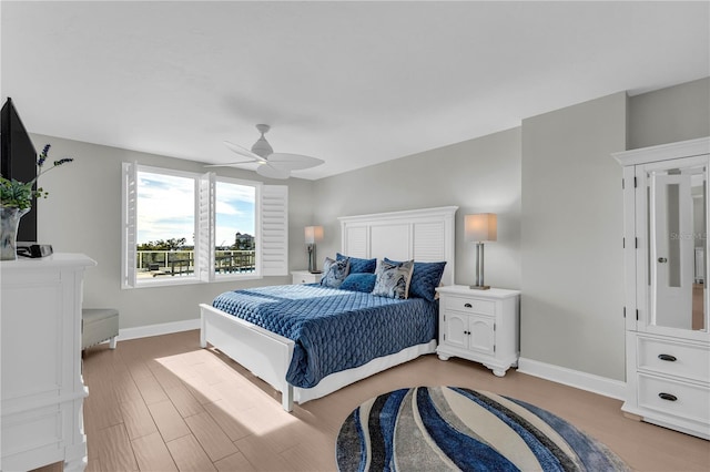 bedroom featuring ceiling fan and light hardwood / wood-style floors