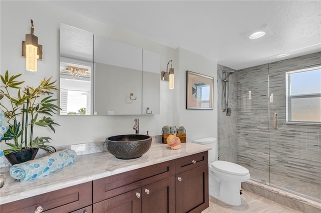 bathroom featuring vanity, a shower with shower door, and toilet