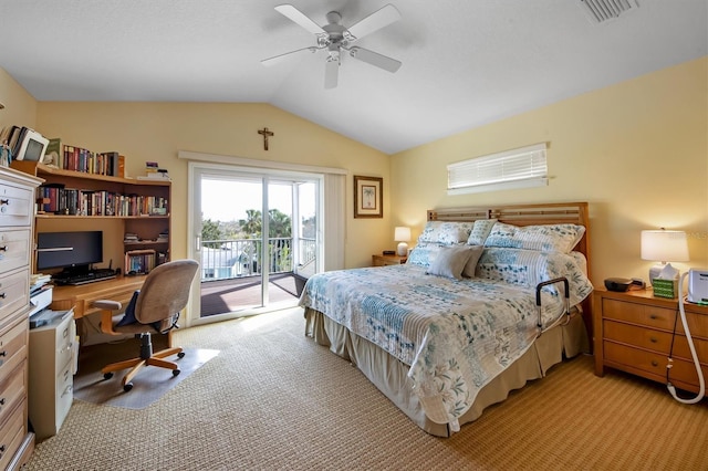 bedroom with lofted ceiling, access to exterior, light colored carpet, and ceiling fan