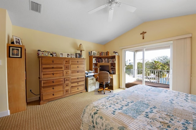 bedroom with carpet floors, access to exterior, vaulted ceiling, and ceiling fan