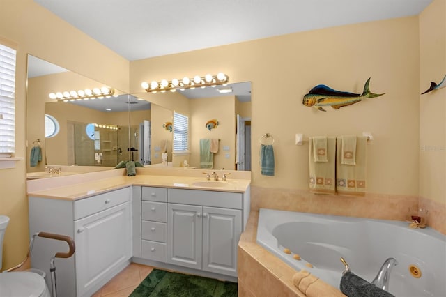 bathroom with vanity, separate shower and tub, and tile patterned floors