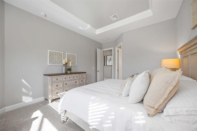 carpeted bedroom with a tray ceiling