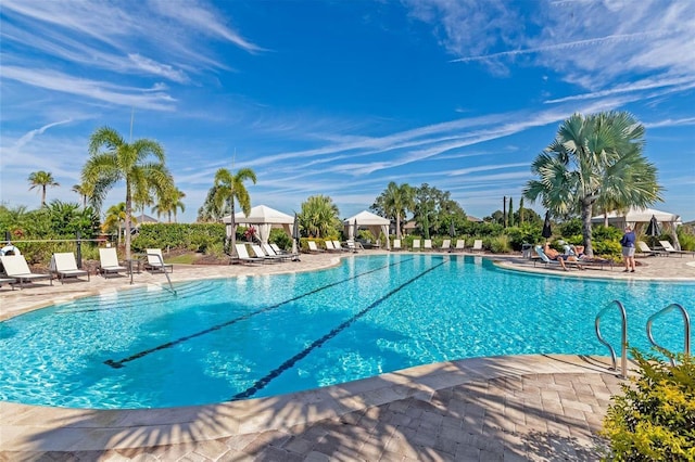 view of pool featuring a gazebo and a patio