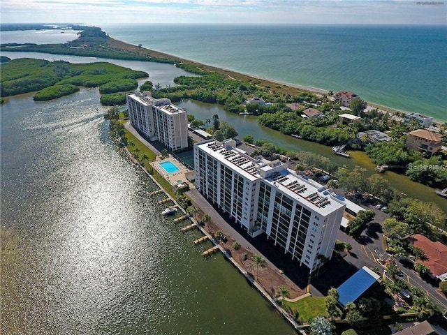 drone / aerial view with a water view