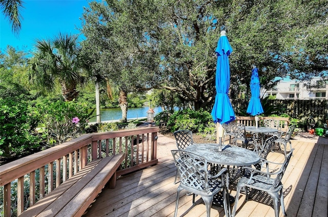 deck featuring a water view