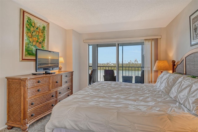 bedroom with access to outside and a textured ceiling